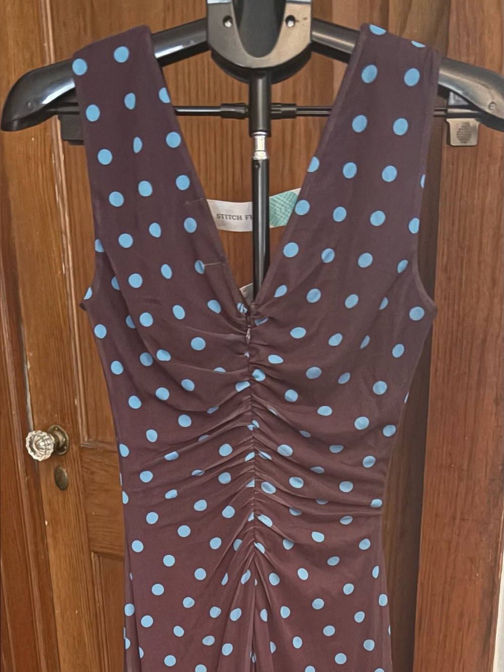 NWT Montgomery Post Stitch Fix Brown Blue Polka Dot Sleeveless V-Neck Midi Dress